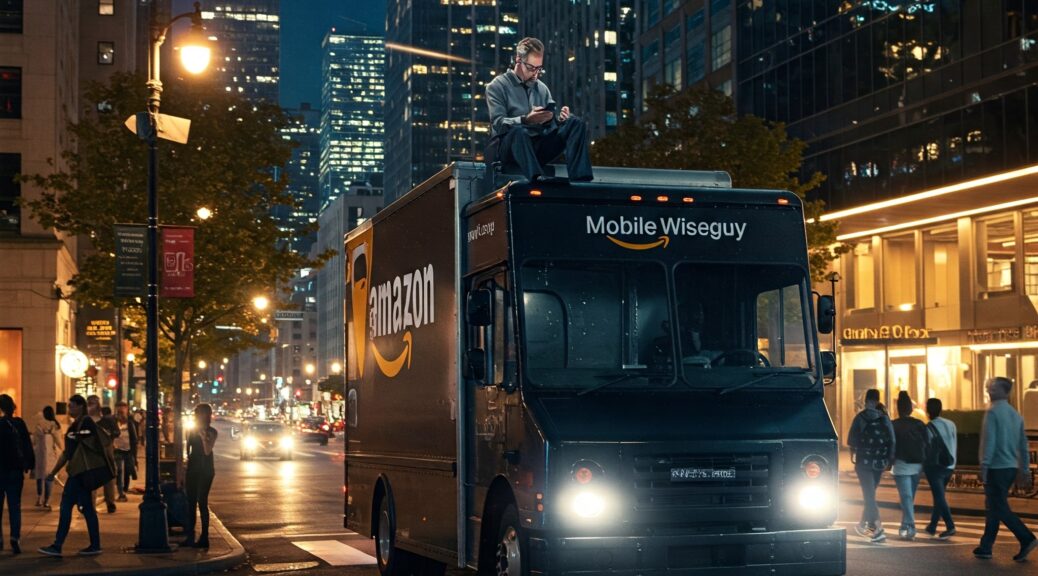 Amazon delivery van in city at night with worker on top managing wireless costs
