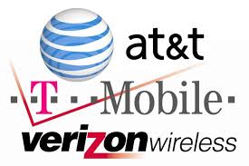 AT&T, T-Mobile, and Verizon logos for 5G fixed wireless for business comparison.