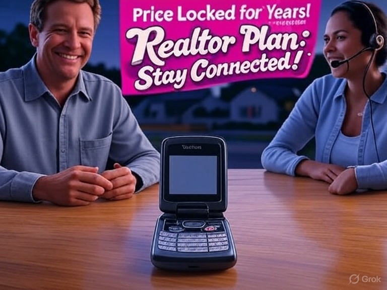 A mock retro BellSouth Mobility ad with a 2000s aesthetic, featuring a black flip phone on a wooden table. In the background, a pink banner with bold white text reads, "Price Locked for Years! Realtor Plan: Stay Connected!" The setting evokes nostalgia with a suburban neighborhood visible through a window at night.