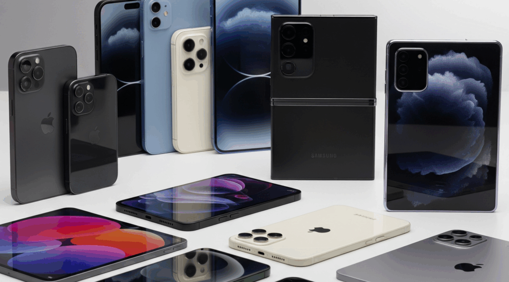 A variety of Apple iPhones, Samsung Galaxy smartphones, and tablets in different colors and models displayed on a white surface.