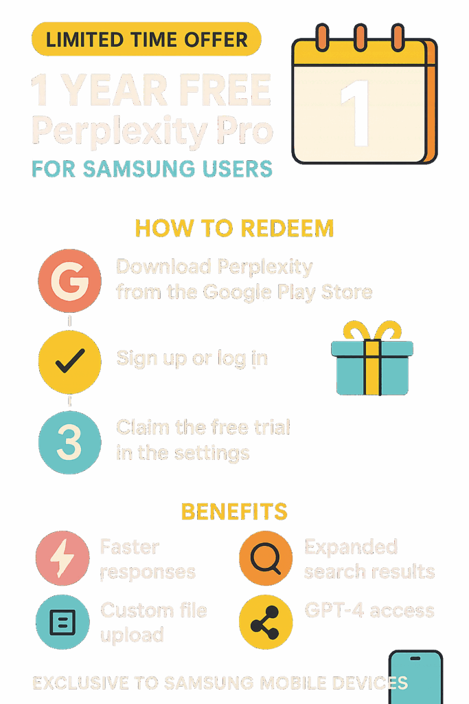 Limited time offer for Samsung users to get one year of Perplexity AI Pro free, with step-by-step instructions for redeeming the offer via the Samsung Galaxy Store, colorful icons, and promotional details.