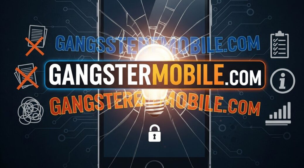 GangsterMobile.com logo on cracked phone screen with tagline “The Real Wireless Truth Without the Fluff