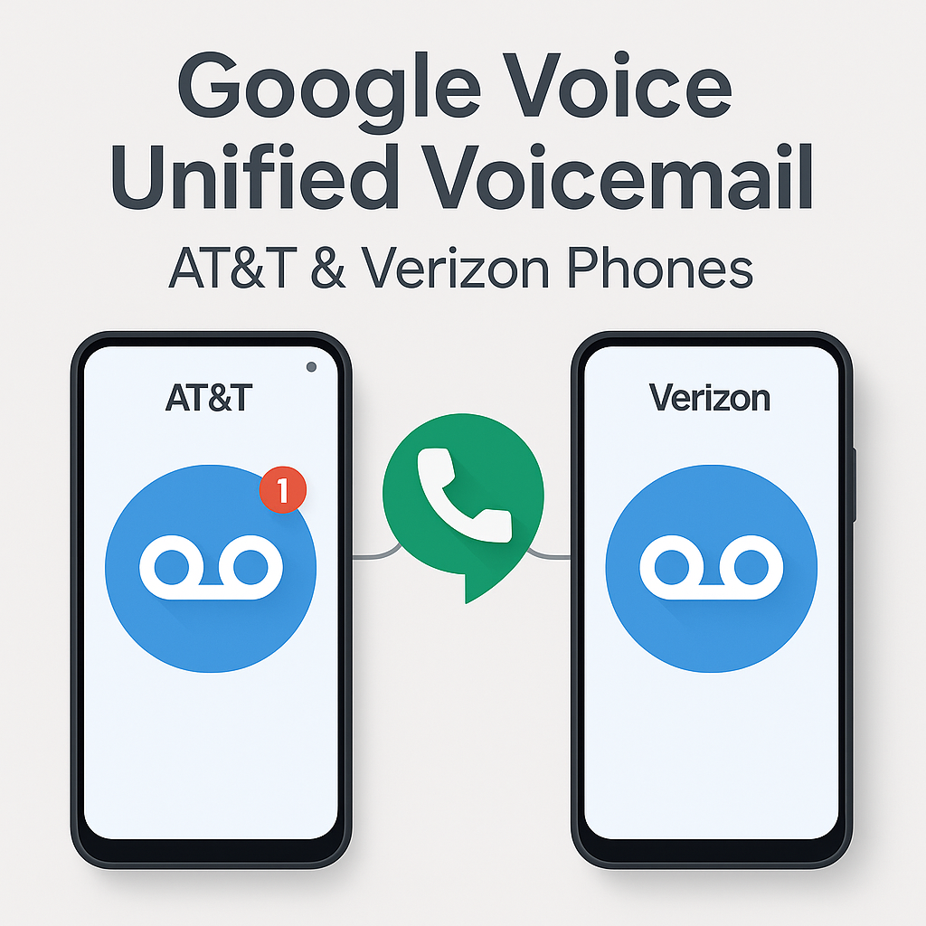 Illustration showing Google Voice unifying voicemail for AT&T and Verizon phones, with two smartphones and a central Google Voice icon.