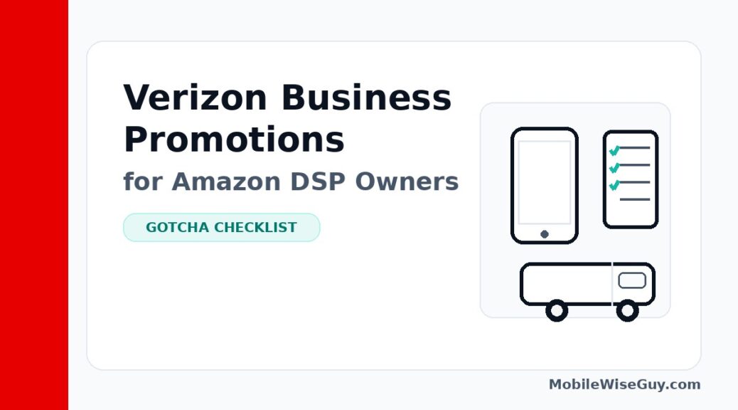 Verizon business promotions for Amazon DSP owners with checklist, smartphone, and delivery van icons.