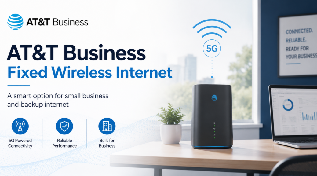 AT&T Business Fixed Wireless Internet gateway in a small office with 5G signal icons for business connectivity and backup internet.