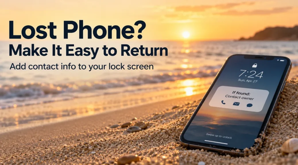 Lost phone on a beach showing contact information on the lock screen